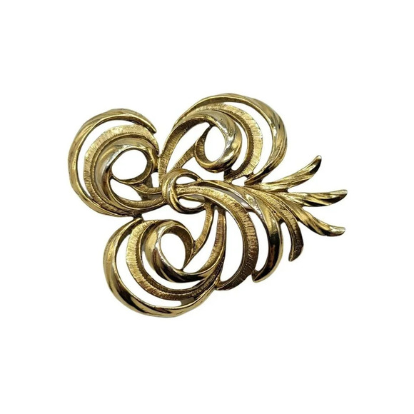 Mid Century Abstract Large Gold Tone Swirl Leaf Vintage Brooch 2.75" - Picture 1 of 4